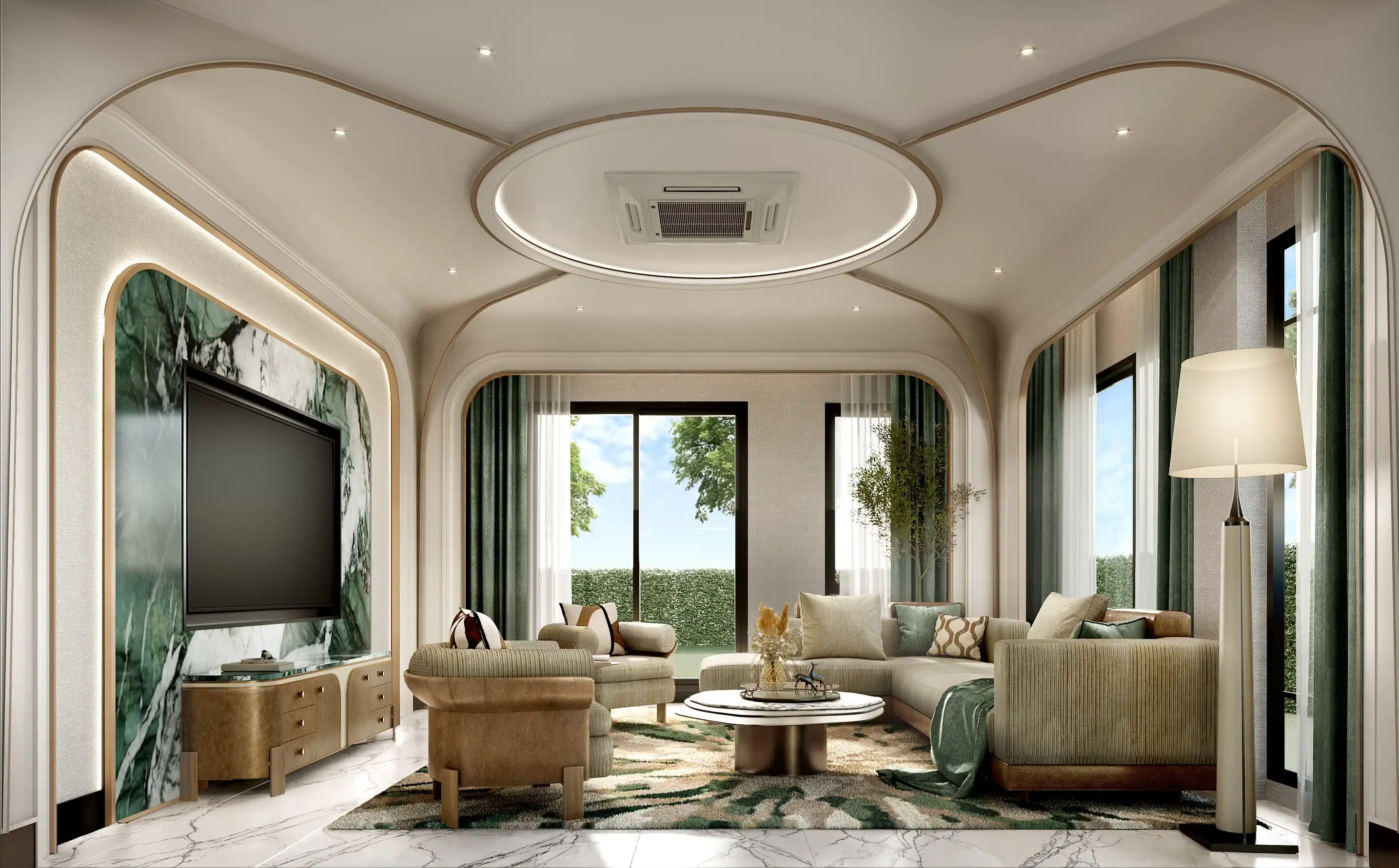 LIVING ROOM — CURVED ARCHWAY, SAGE GREEN DRAPERY & RECESSED TRAY CEILING